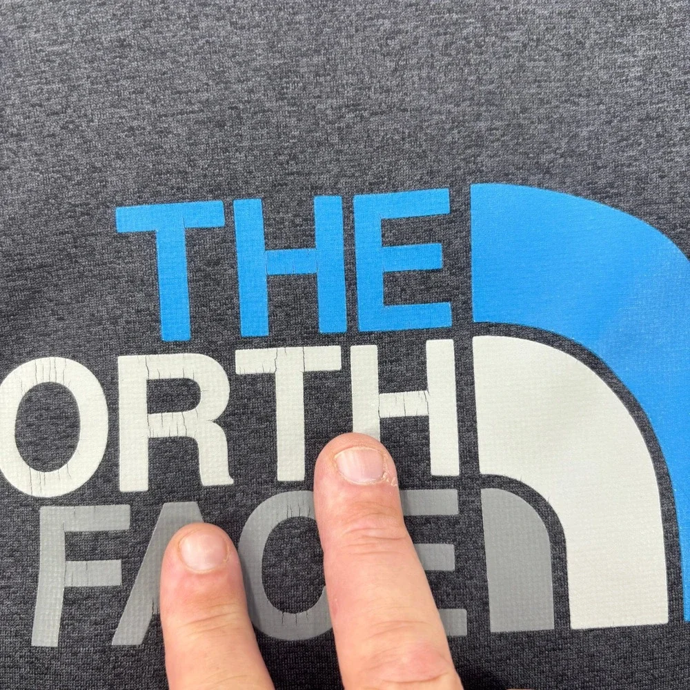 The North‎ Face Hoodie Mens Small Gray Blue Logo Spellout Pullover Sweatshirt